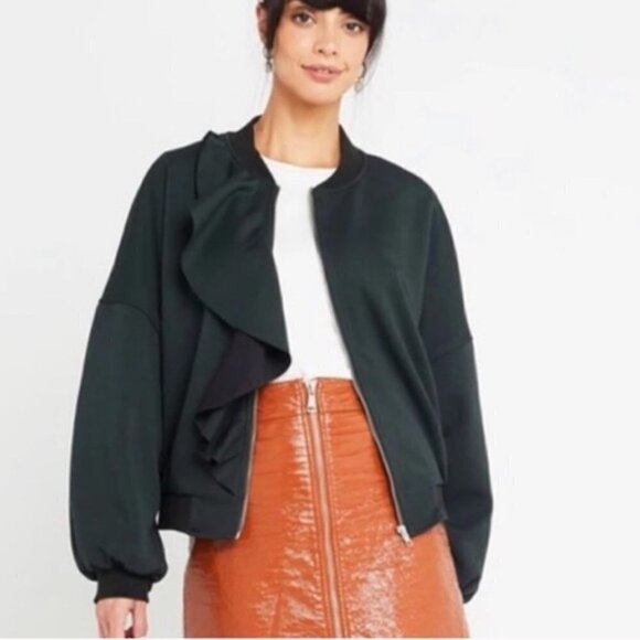 FEW MODA Bomber JACKET Ruffle Olive Green New with tags size Large #104 - Picture 1 of 13